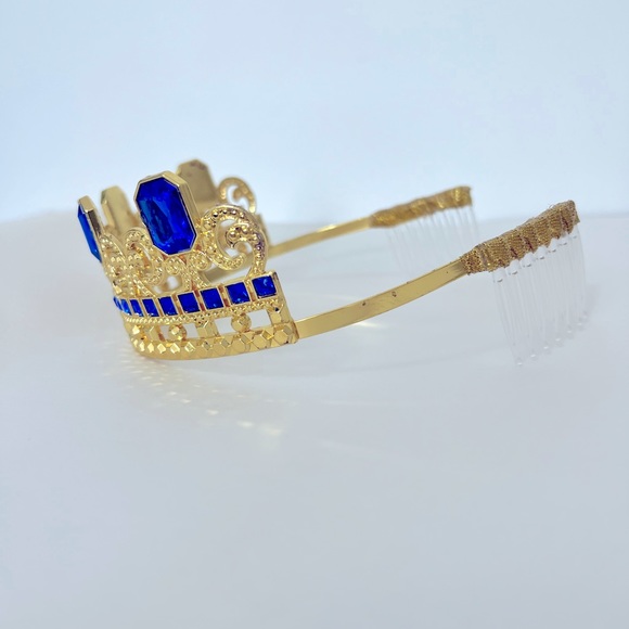 New Girls Disney Cinderella Gold Colored Tiara with Blue Jewels Metal Crown - Picture 7 of 15